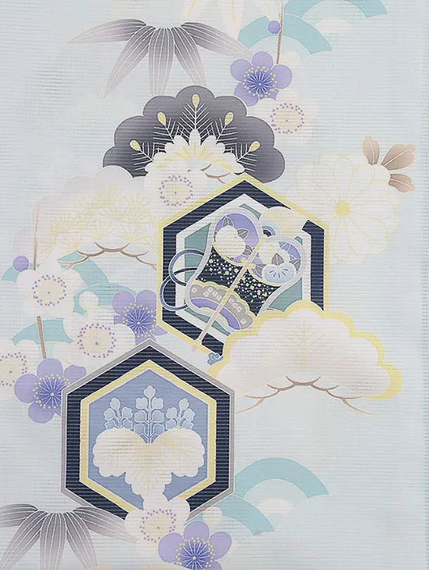 男児産着 お宮参りレンタル 1376 淡青地鷹松【夏用・絽】