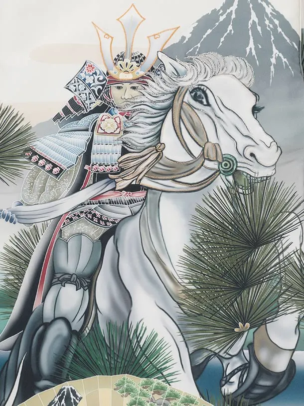 男児産着 お宮参りレンタル 1416 オフ白地桜文 騎馬武者富士松