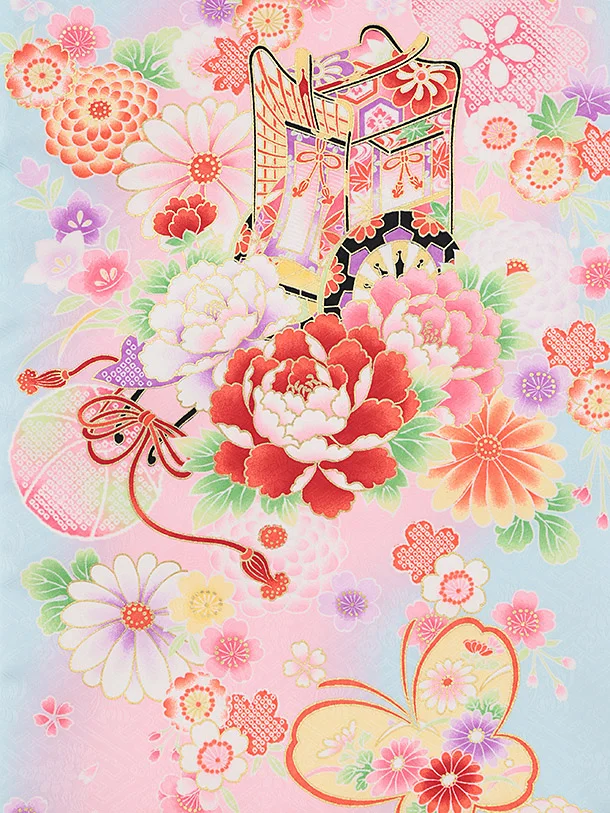 女児産着 お宮参りレンタル 1347 水色地紗綾形文牛車蝶鼓花づくし