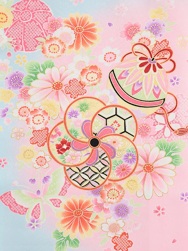 女児産着 お宮参りレンタル 1347 水色地紗綾形文牛車蝶鼓花づくし