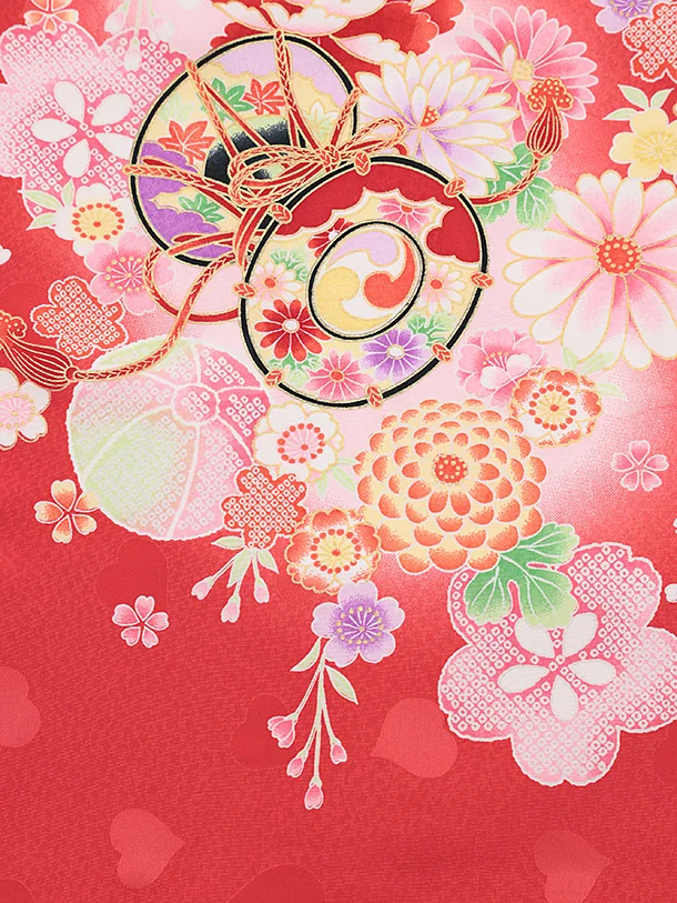 女児産着 お宮参りレンタル 1348 赤地ハート文牛車蝶鼓花づくし