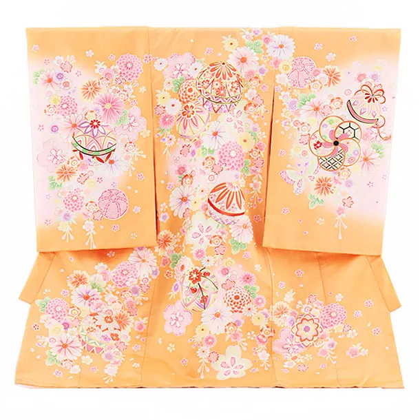 女児産着 お宮参りレンタル 1378 オレンジ地紗綾形文毬菊桜