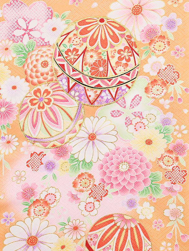 女児産着 お宮参りレンタル 1378 オレンジ地紗綾形文毬菊桜