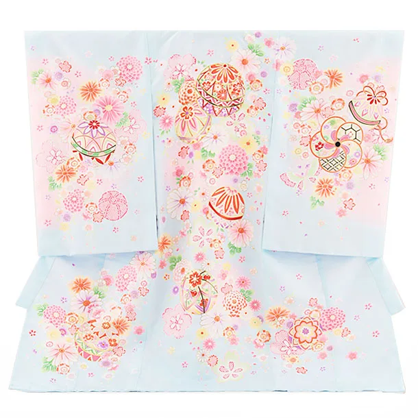 女児産着 お宮参りレンタル 1380 水色地紗綾形文毬菊桜