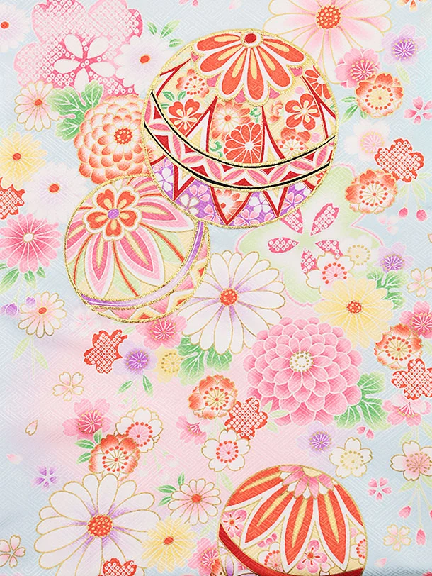 女児産着 お宮参りレンタル 1380 水色地紗綾形文毬菊桜