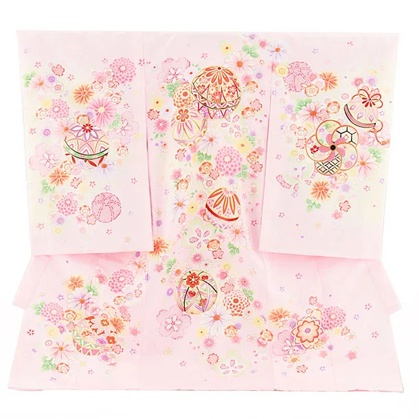 女児産着 お宮参りレンタル 1381 ピンク地紗綾形文毬菊桜