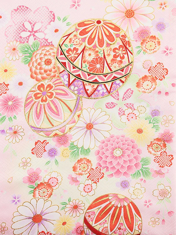 女児産着 お宮参りレンタル 1381 ピンク地紗綾形文毬菊桜