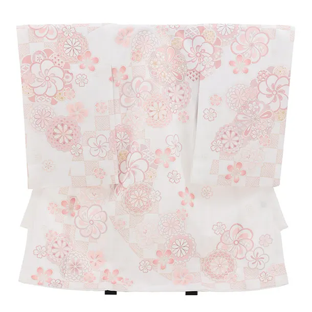 女児産着 お宮参りレンタル 1384 白地淡ピンク紗綾形文花づくし