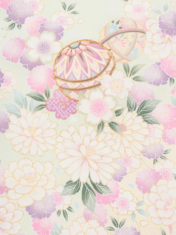 女児産着 お宮参りレンタル 1386 淡緑グラデ地 毬花づくし