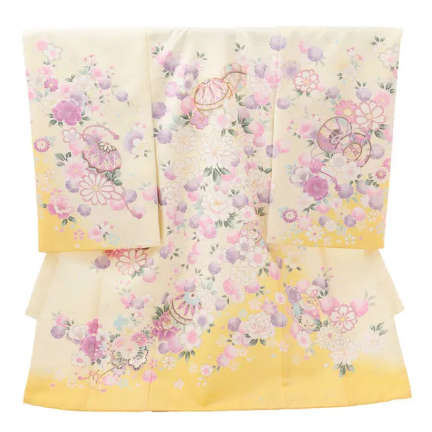 女児産着 お宮参りレンタル 1387 淡黄グラデ地 毬花づくし