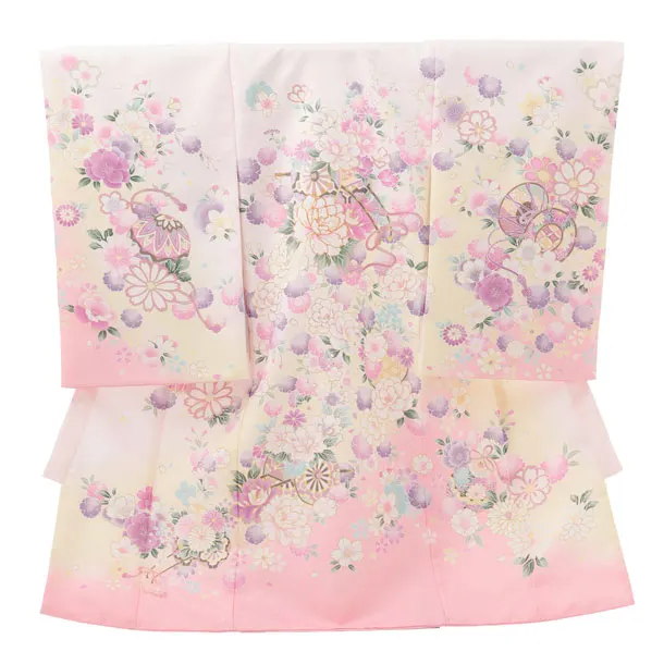 女児産着 お宮参りレンタル 1388 淡ピンクグラデ地 牛車花づくし