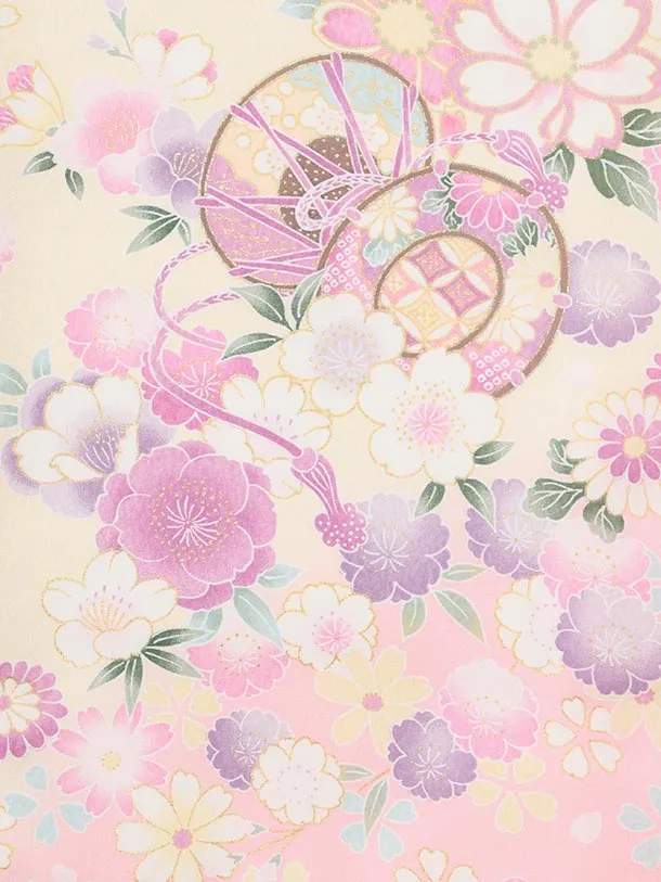 女児産着 お宮参りレンタル 1388 淡ピンクグラデ地 牛車花づくし