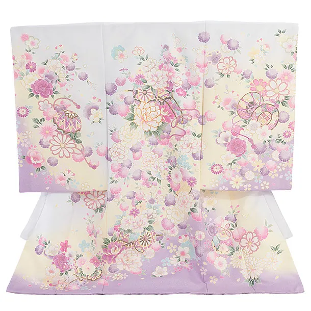 女児産着 お宮参りレンタル 1390 淡ラベンダーグラデ地 牛車花づくし