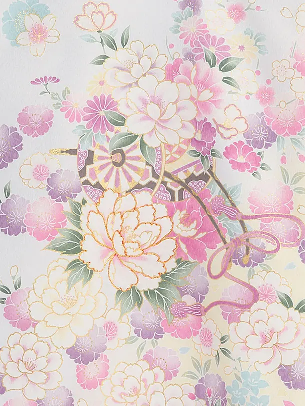 女児産着 お宮参りレンタル 1390 淡ラベンダーグラデ地 牛車花づくし