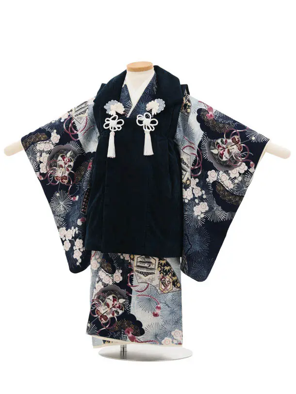 七五三(3歳男児被布)3348 紺無地ベロア風×水色鷹かぶと松