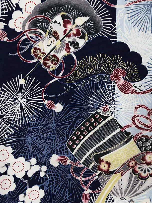 七五三(3歳男児被布)3348 紺無地ベロア風×水色鷹かぶと松