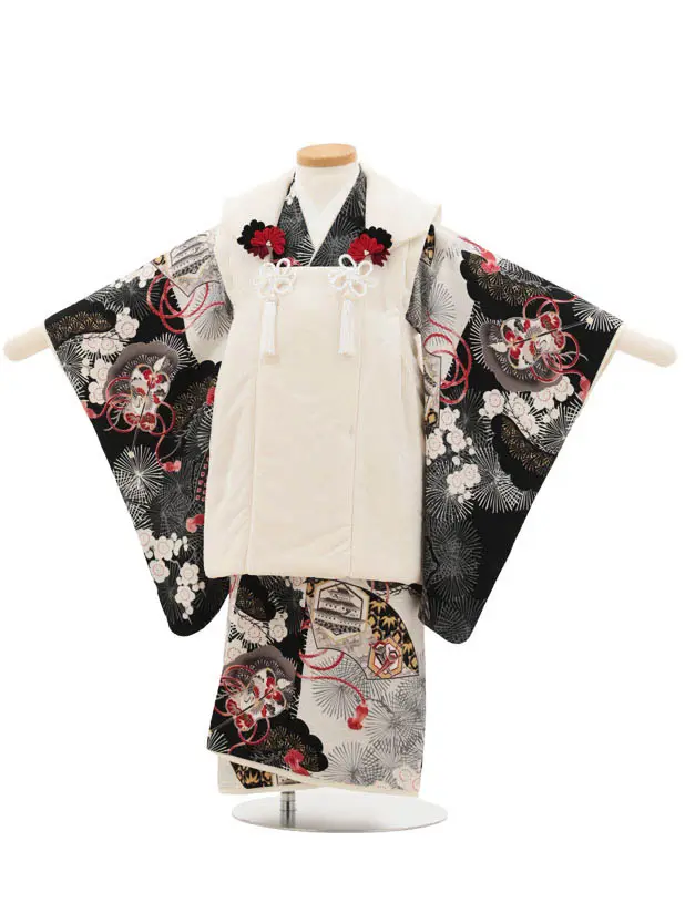 七五三(3歳男児被布)3349 白無地ベロア風×白色鷹かぶと松