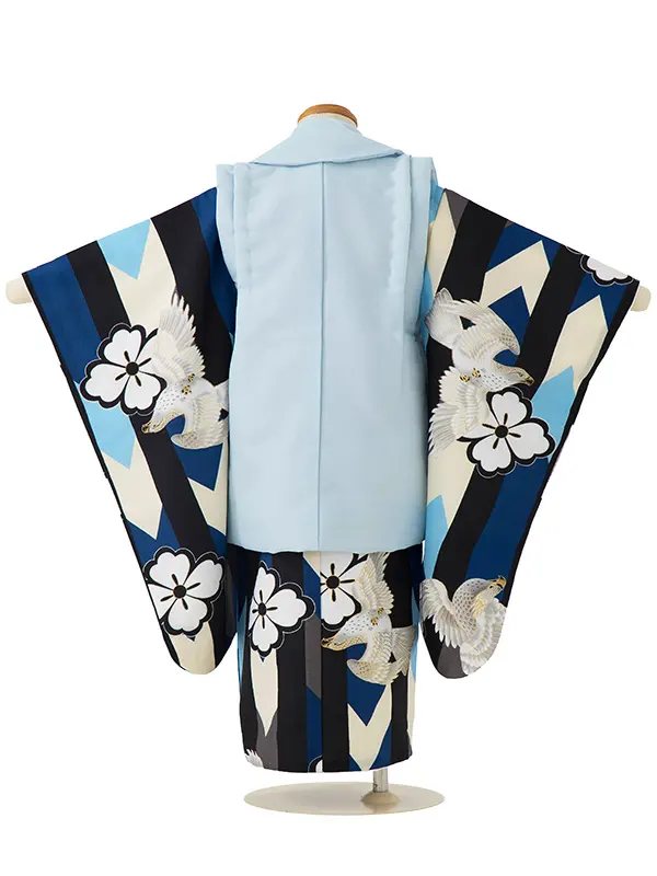 七五三(3歳男児被布)A063 水色松×紺矢羽根ストライプ鷹