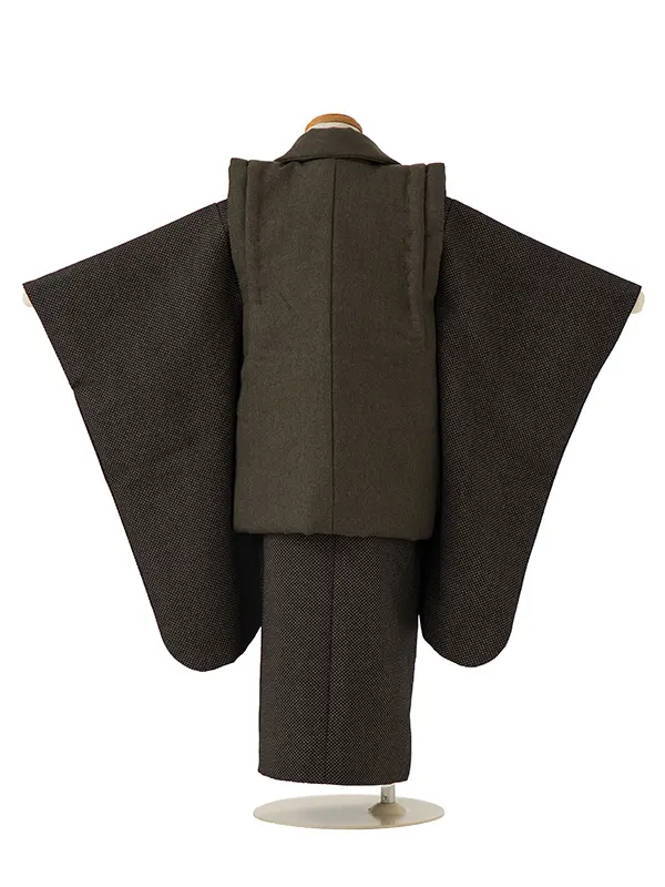 七五三(3歳男児被布)A073 ブラウングリーン無地×黒疋田柄風