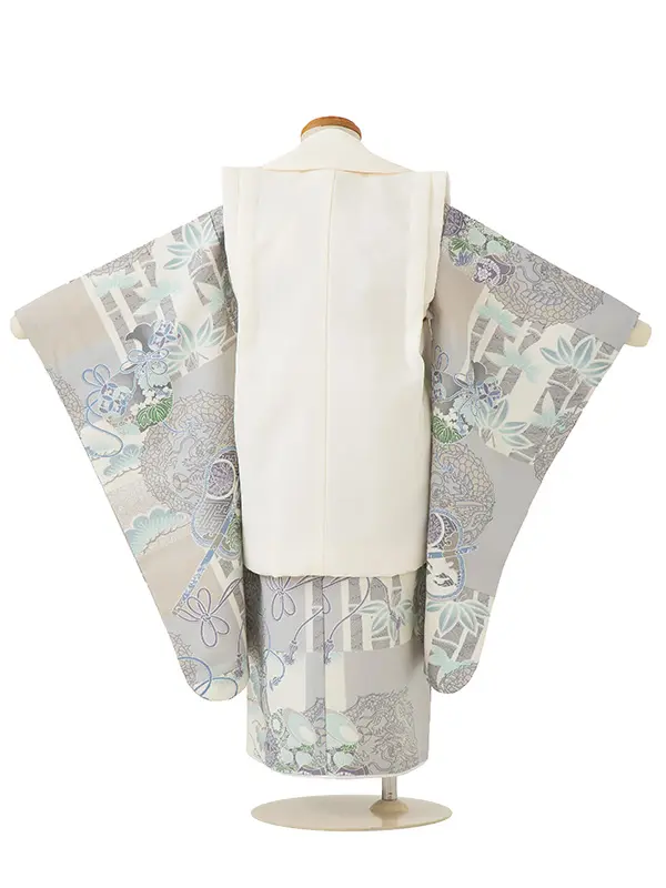 七五三(3歳男児被布)A074 クリームかぶと×グレージュ軍配