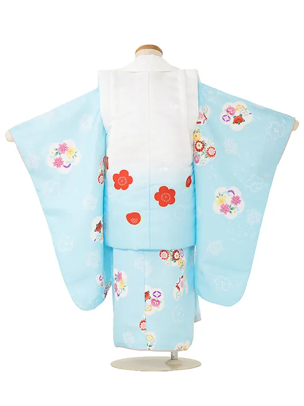 七五三(3歳女児被布)3343 白地紗綾形文桜苺×水色桜文小花柄