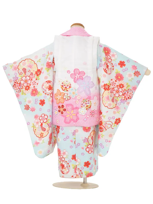 七五三(3歳女児被布)3347 白ピンク地桜×水色桜づくし