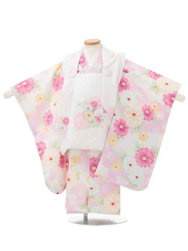 七五三(3歳女児被布)3353 白地菊折鶴×ピンク菊