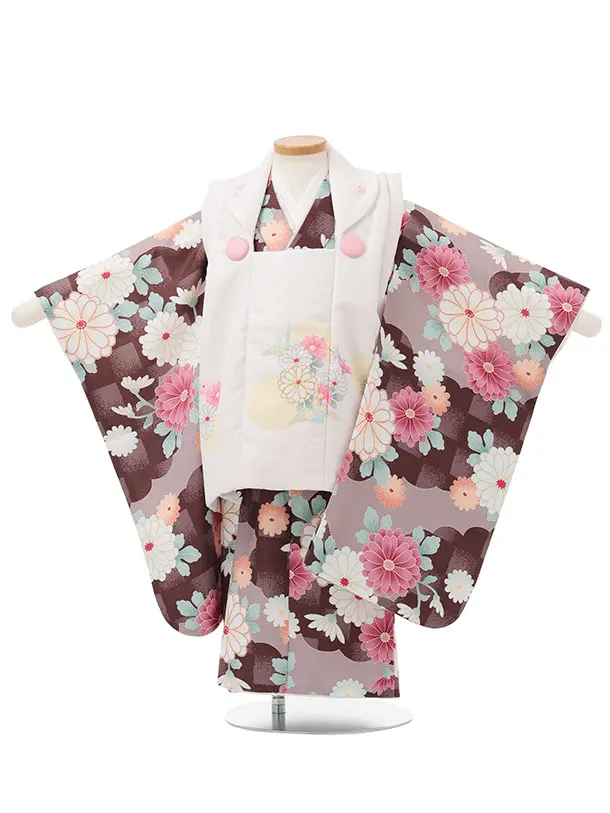 七五三(3歳女児被布)3355 白地菊折鶴×プラウン菊