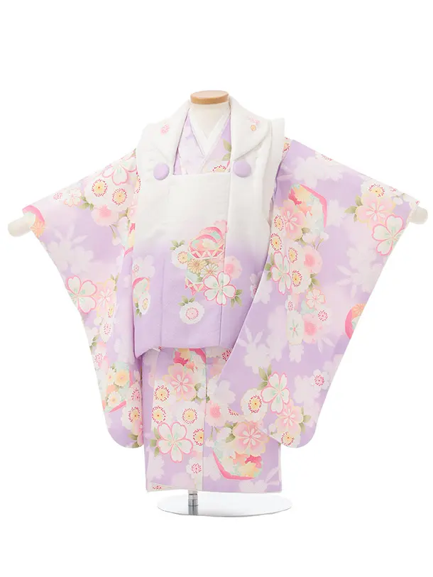 七五三(3歳女児被布)3356 白ラベンダーグラデ地菊折鶴×ラベンダー菊