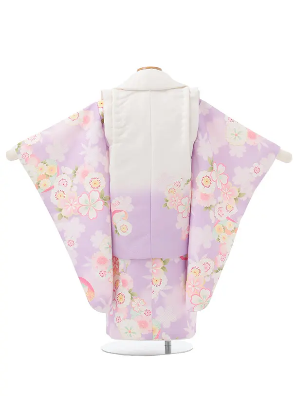 七五三(3歳女児被布)3356 白ラベンダーグラデ地菊折鶴×ラベンダー菊