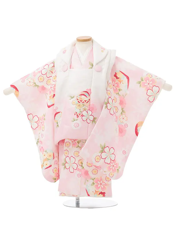 七五三(3歳女児被布)3358 白ピンクグラデ地菊折鶴×ピンク菊