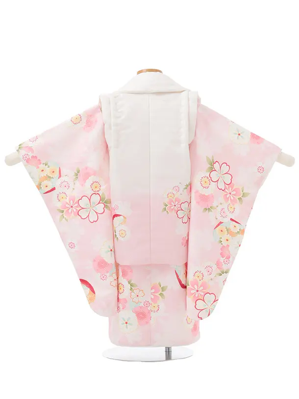 七五三(3歳女児被布)3358 白ピンクグラデ地菊折鶴×ピンク菊