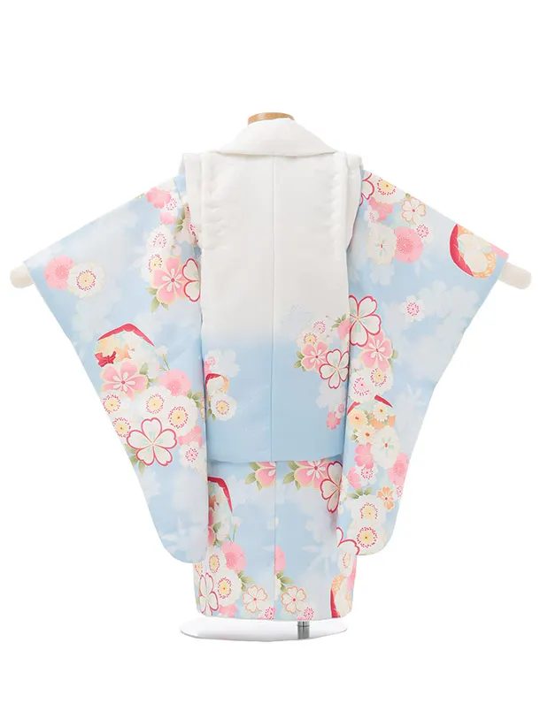 七五三(3歳女児被布)3360 白水色グラデ地菊折鶴×水色菊