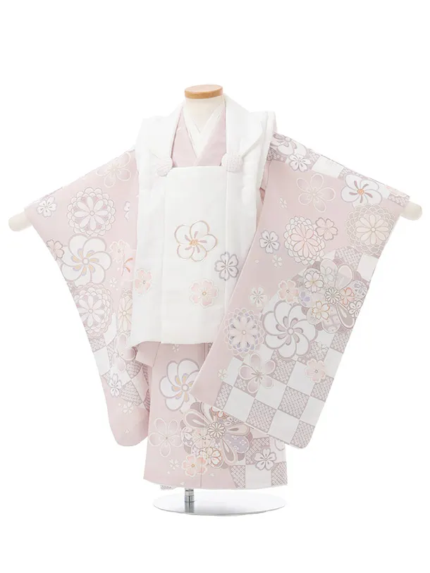 七五三(3歳女児被布)3362 白地紗綾形文梅桜×淡モスピンク菊梅桜