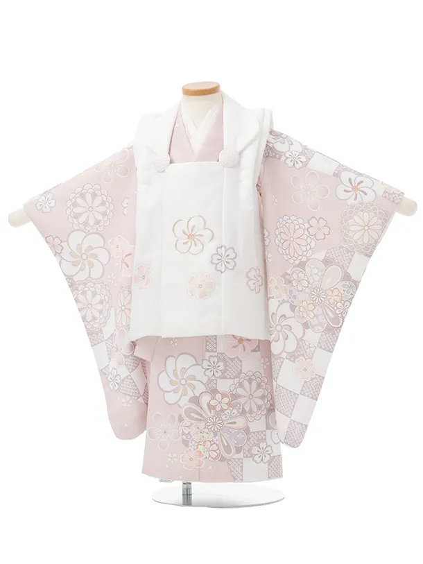 七五三(3歳女児被布)3362 白地紗綾形文梅桜×淡モスピンク菊梅桜