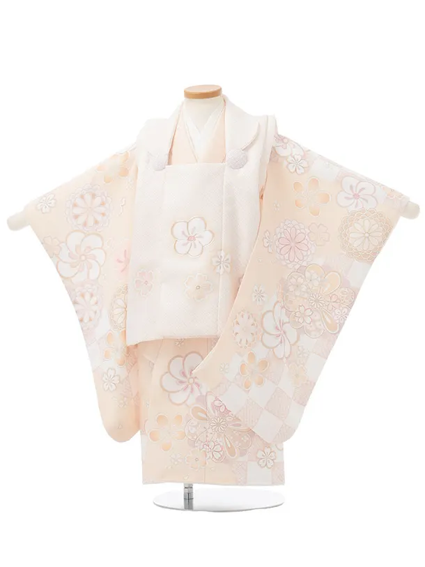 七五三(3歳女児被布)3363 淡オレンジ地紗綾形文梅桜×淡オレンジ菊梅桜