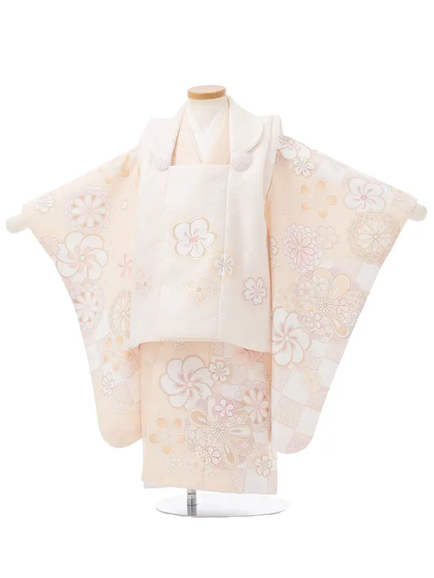 七五三(3歳女児被布)3363 淡オレンジ地紗綾形文梅桜×淡オレンジ菊梅桜