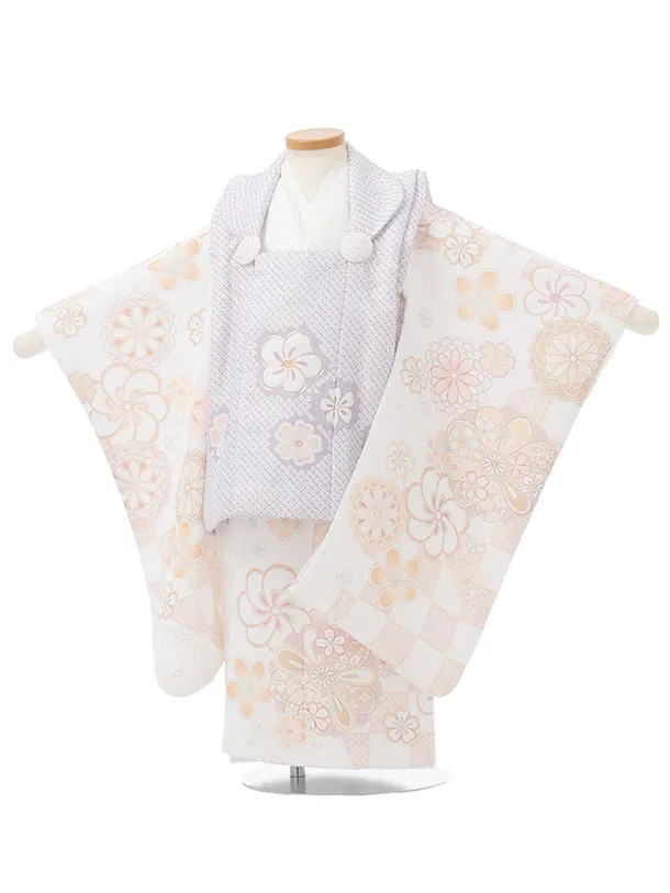 七五三(3歳女児被布)3364 淡ラベンダー地紗綾形文梅桜×白菊梅桜