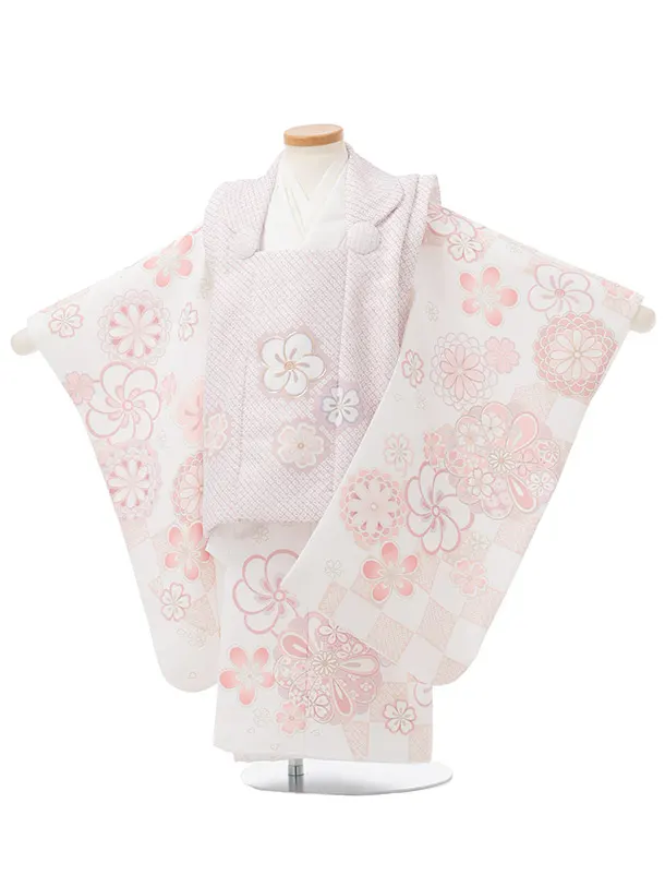 七五三(3歳女児被布)3365 淡モスピンク地紗綾形文梅桜×白菊梅桜
