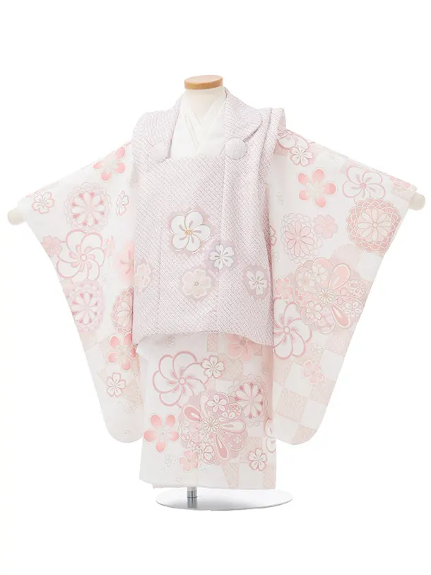 七五三(3歳女児被布)3365 淡モスピンク地紗綾形文梅桜×白菊梅桜