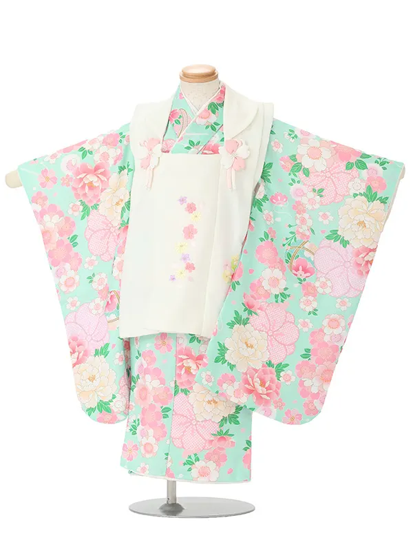 七五三(3歳女児被布)3376 白紗綾形文桜刺繍×ミント紗綾形文花づくし