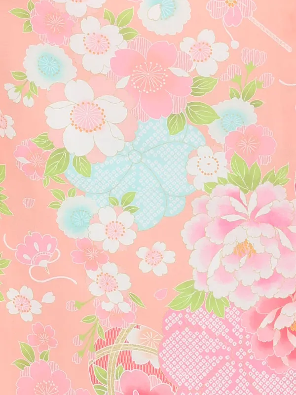七五三(3歳女児被布)3378 白紗綾形文桜刺繍×オレンジ紗綾形文花づくし