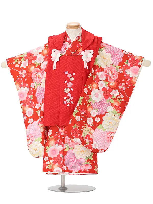 七五三(3歳女児被布)3380 赤紗綾形文桜刺繍×赤紗綾形文花づくし
