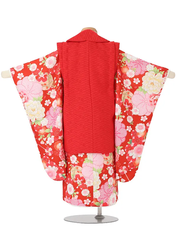 七五三(3歳女児被布)3380 赤紗綾形文桜刺繍×赤紗綾形文花づくし