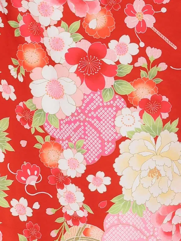 七五三(3歳女児被布)3380 赤紗綾形文桜刺繍×赤紗綾形文花づくし