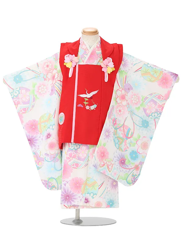 七五三(2歳女児被布)3382 赤紗綾形文鶴刺繍×白紗綾形文毬花づくし