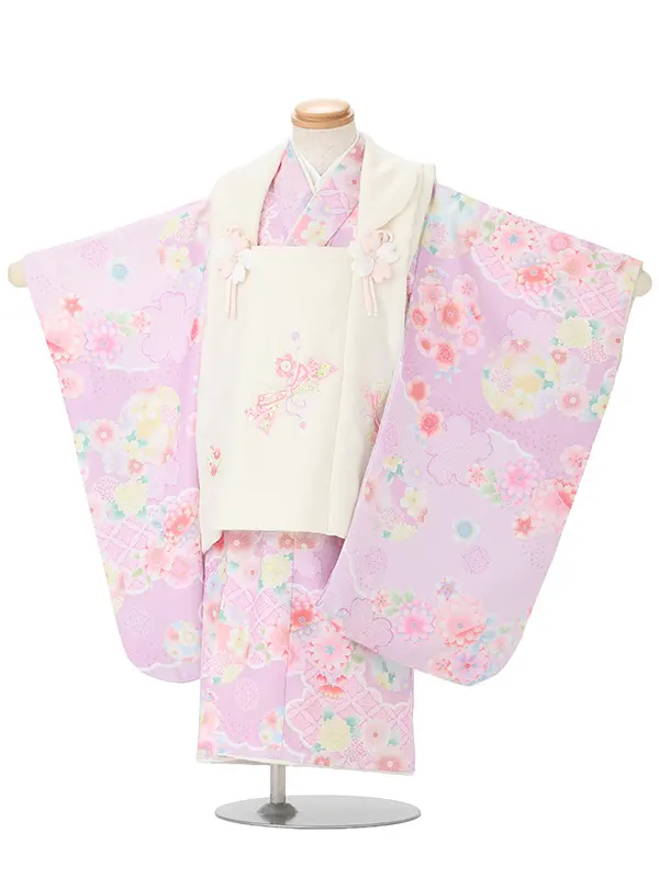 七五三(2歳女児被布)3383 白紗綾形文束ねのし刺繍×ラベンダー紗綾形文花づく