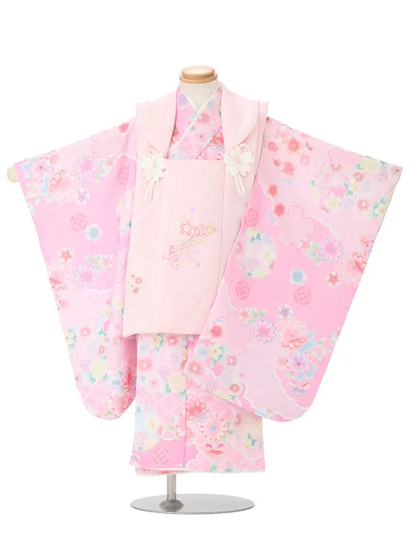 七五三(3歳女児被布)3384 ピンク紗綾形文束ねのし刺繍×ピンク紗綾形文花づく