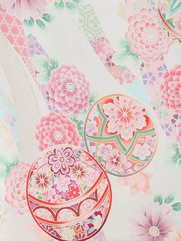 七五三(3歳女児被布)3386 水色紗綾形文束ねのし刺繍×白紗綾形文毬花づくし