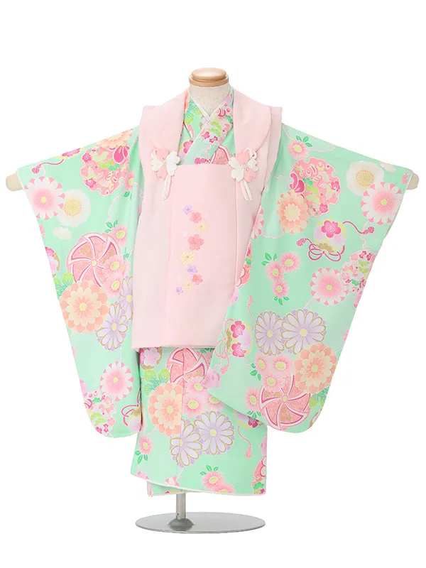 七五三(3歳女児被布)3388 ピンク紗綾形文小花刺繍×ミント紗綾形文毬花づくし